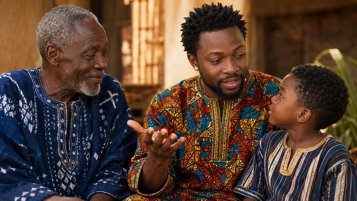 Une famille africaine, plusieurs générations réunies, partageant et transmettant sa langue